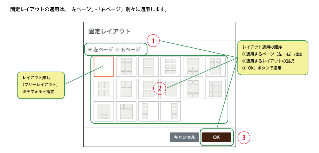 編集画面左上の「レイアウト」ツールを使って、ページごとのレイアウトを指定出来ます。