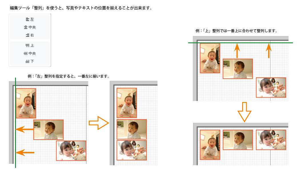 編集画面左中央の「整列」ツールを使うと、写真やテキストの位置を揃えることが出来ます。